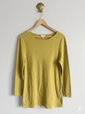 J. Jill Chartreuse Citron Textured Knit Long Sleeve Tunic Sweater M Side Slits